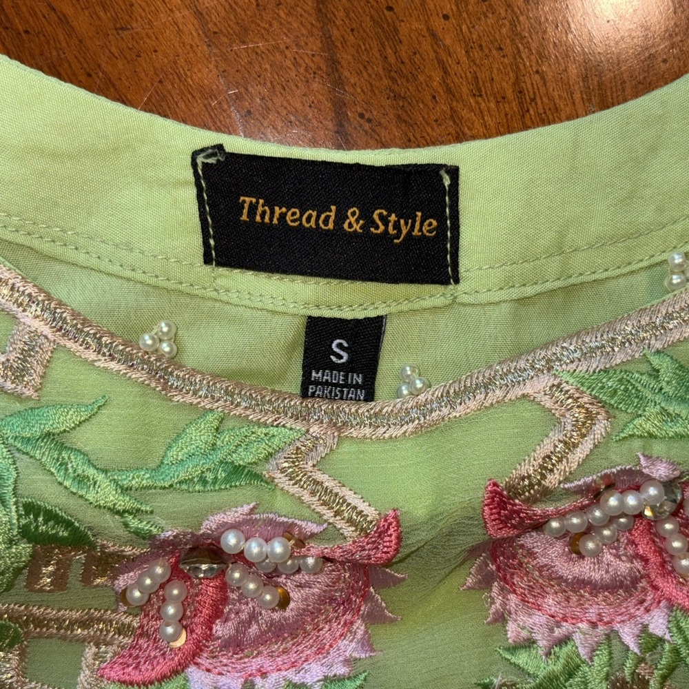 Embroidered Green Dress with Pink Floral Accents With Pants & Scarf - Picture 3 of 8